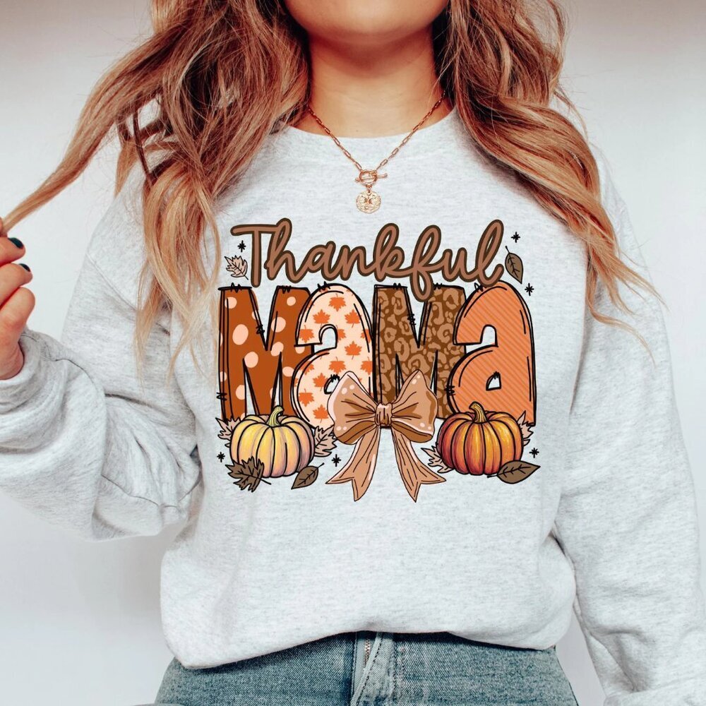 Thankful Mama Fall Sweatshirt, Coquette Pumpkin Design, Thanksgiving Vibes 05
